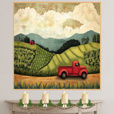 Farm Folk Art Print Featuring Red Vintage Truck Rolling Hills Cornfields and Distant Barn Hand Painted Country Landscape Illustration for Rustic Wall Decor on Ready to Hang 1.5" Thick Canvas Wrap, Floating Framed Canvas, Flat Rolled Canvas